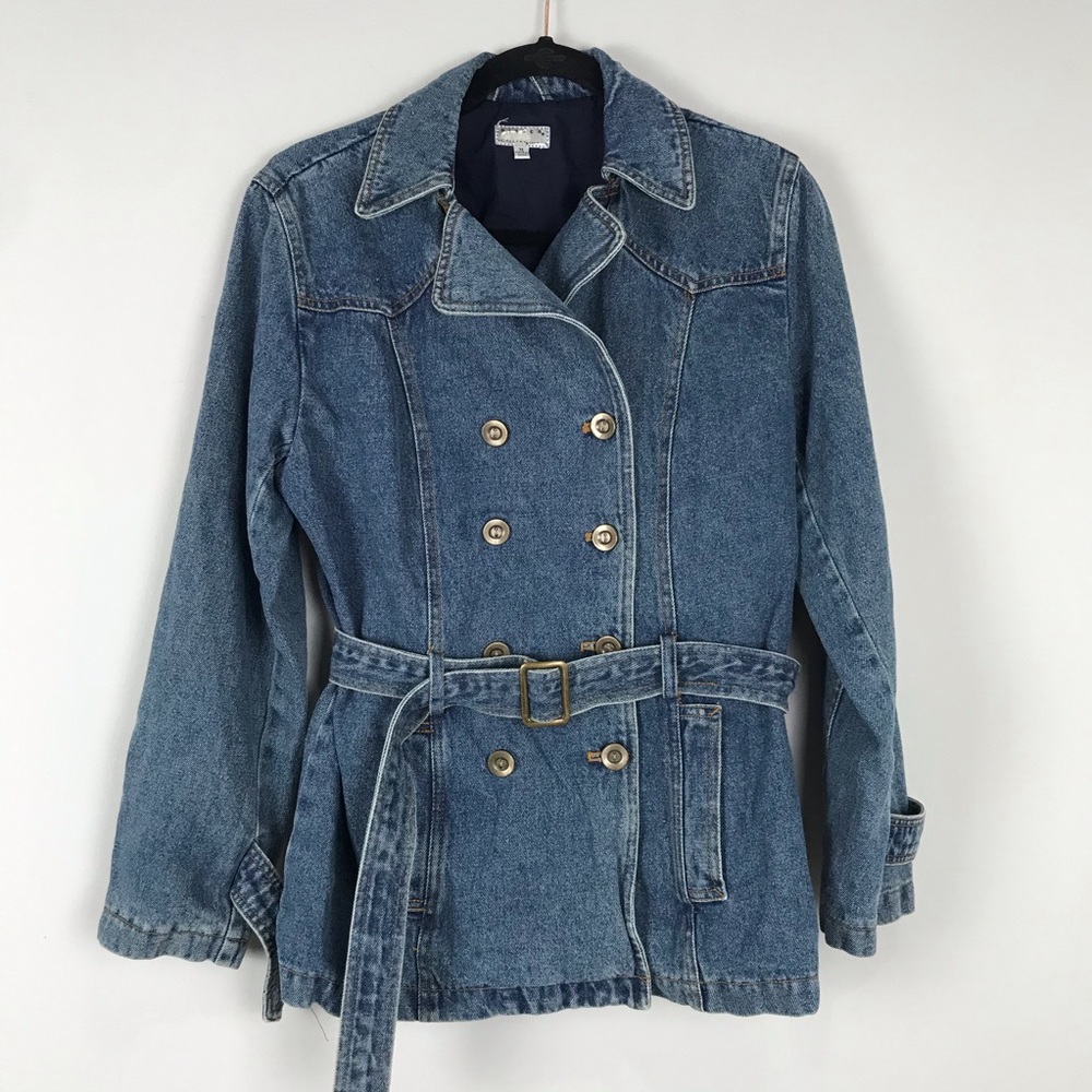 * Giacca Denim Pea Coat Style Jacket Belted Waist